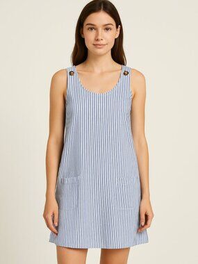 Vintage-Inspired Blue White Striped Button-Shoulder Shift Dress Medium